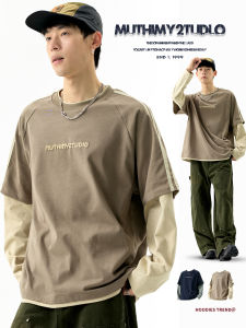 SZON | American Style Faux-layer Hoodie Autumn New Letter Pattern Sweatshirt