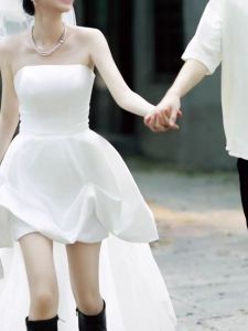 French Style Satin Morning Robe with Strapless Tulle Evening Gown Wedding Engagement Registration Travel Photography Formal Dress