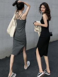 Summer 2025 Womens Mid-Length Strap Dress Milk Fiber A-Line Skirt Style Commute Fashion Slimming Base Layer Outfit