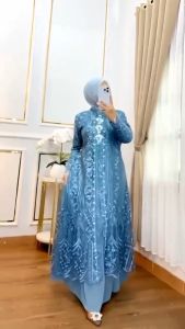 Gamis Set Outer Terpisah Miska Dres 2 In 1 Bahan Skirt Mix Tile Aplikasi Payet Dress Brokat Wanita Jumbo Kekinian Baju Muslim Lebaran Viral Terbaru