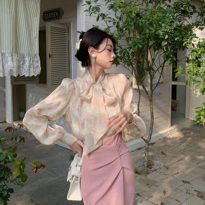 Chun Qing Independent French Style Long Sleeve Floral Print Chiffon Shirt Womens Spring Design Butterfly Knot Top
