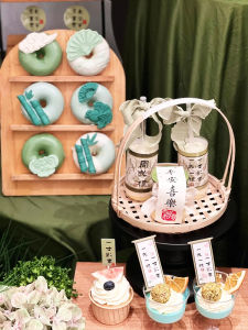 Chinese Green First Birthday Cake Topper Decoration Baby One Year Old Birthday Party Peace Joy Bamboo Tube Cup Sticker Plug