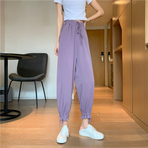 Ice Silk Sports Pants Womens Thin Nine Points Cuffed Mosquito Proof Lantern Pants Summer Casual High Waist Wide Leg Pants