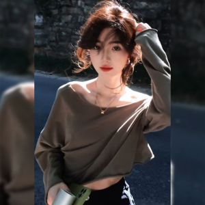 Áo Thun Nữ Tay Dài Hở Vai Dáng Rộng Phong Cách Hàn Quốc Thường Ngày Mùa Xuân Thu Năm 2025 Cổ Chữ V Dài Vừa Phải Chất Liệu Khác