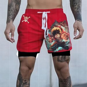 Bandai | Red One Piece Dual Layer Sports Shorts for Men Gym Workout Anime Design Quick Dry Material Loose Fit with Pockets