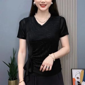 QIAOXIZI | Summer Loose Fit Slimming T-shirt with V-neck and Rhinestones