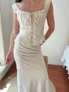 Váy Mùa Hè DADANA Tay Ngắn Không Tay Thêu Hoa Ren Kiểu Pháp Áo Sơ Mi Họa Tiết Hoa Và Chân Váy Nửa Thân Váy Đi Chơi