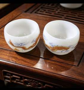 [SG]White Jade Teacups  Golden Tea Set (Set of 2)