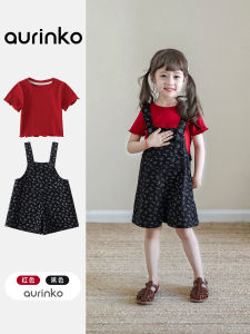 Girls Summer Outfit Korean Style Cotton Blend Two-Piece Set Short Sleeve Bib Dress Child Clothing Baby Girls Ensemble