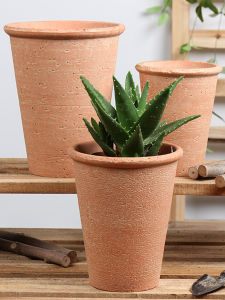 Roman Empire Red Clay Flower Pot with Tray Base Tall Unburned Simple Water Absorbent Porous Large Size Plant Pots for Flowers