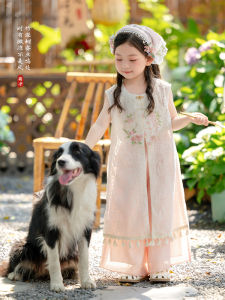 Cute Dreaming New Chinese Style Vest Pants Set Thin Short Sleeve Girls Childrens Clothing Traditional Ethnic Tang Suit for Kids