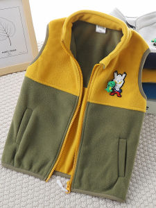 Boys Fleece Lined Vest Spring Autumn Baby Wearing Outdoors Polyester Fiber Casual Style Zipper Closure Cartoon Pattern
