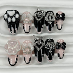 10PCS Cute Jirai Kei Short Almond Handmade Press On Nails Black Pink 3D Bow Cat Claw Y2K Fake Nails Wings Crown Glitter Nail Art