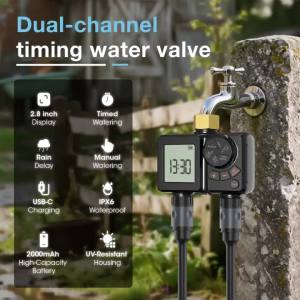 2-Outlet Garden Watering Timer Waterproof Automatic Drip Irrigation Controller Water Valve Lawn Yard Automatic Watering System
