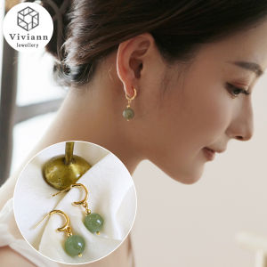 Viviann Original Hetian Jade Ball Bead Stud Earrings Without Pierced Ear Clips Retro Round Beads Drop Earrings U-shaped Ear Clip French Romantic Wedding Anniversary Jewelry Customized