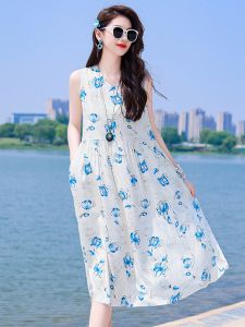 Summer 2025 Floral Print Cotton Silk Long Sleeveless Beach Vacation Dress Womens Natural Waist Gown V-neck A-line Skirt