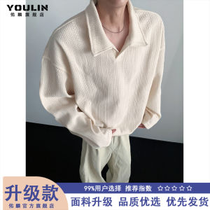 เสื้อโปโลคอปกแขนยาวสีเทาเข้มสไตล์อเมริกันย้อนยุคสำหรับผู้ชาย เสื้อเชิ้ตคอกลมลายทาง ทรงหลวม ผ้าฝ้ายผสม