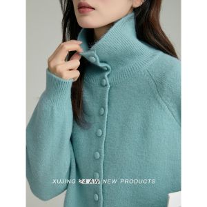 Áo Cardigan Len Dệt Kim Cổ Cao Tay Dài Form Rộng Màu Xám Cho Nữ