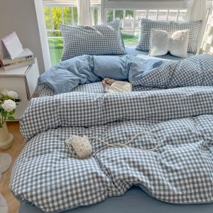 Simple Ins Washed Cotton Bedding Set Dormitory Grid Pattern Four-Piece Three-Piece Single Bed Sheet Cover Dormitory Bedding