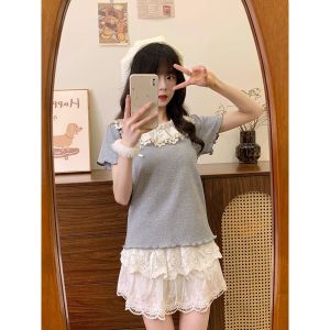 เสื้อยืดแขนสั้นผู้หญิงคอตตอนผสมลูกไม้สไตล์เกาหลีทรงเข้ารูปแขนสั้นผ่าไหล่ลายผีเสื้อสำหรับใส่ไปทำงาน