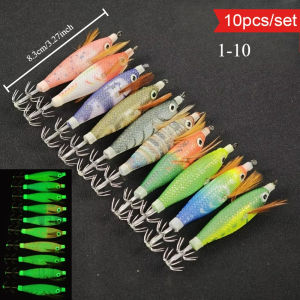 10pcs/set Luminous Squid Jigs Fishing Lure 8cm Glow in Dark Wood Shrimp Egi Bait Set 10 Colors Cuttlefish Octopus Tackle Hooks