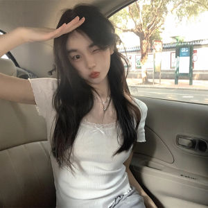 White Lace Slim Fit Short Sleeve T-Shirt Womens Base Layer Top Sweet Pure Desire Summer Short Shoulder Inner Wear INS Style