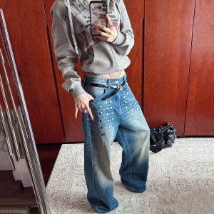 American Vibe Blue Washed Cat Jeans Loose Straight Leg Denim Pants Men Women Casual Style Low Waist with Square Nail Decoration