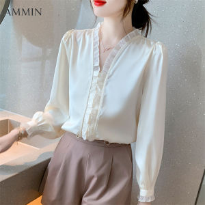 AMMIN Áo Sơ Mi Dài Tay Khâu Cổ Chữ V Viền Nấm Văn Phòng Đi Làm Thường Ngày Mới Phong Cách Hàn Quốc Áo Voan Tay Phồng Dễ Phối Khí Thời Trang Mùa Thu