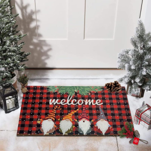 VIKAMA Red Black Buffalo Plaid Christmas Gnome Doormat Non Slip Welcome Floor Mat for Front Door Living Room Holiday Home Decor