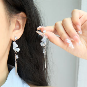 Aaxi Jewelry Temperamental Tassels Blue Long Dress Gravel Butterfly Earrings for Women New Chinese Style National Style Earrings Non-Piercing Ear Clip