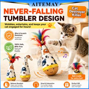 Aitemay Wooden Wobble Cat Toy with Feathers: Self-Rocking Interactive Pet Teether for Indoor Cats – Bite/Scratch-Resistant Auto-Righting Silent Tumbler Gift Set