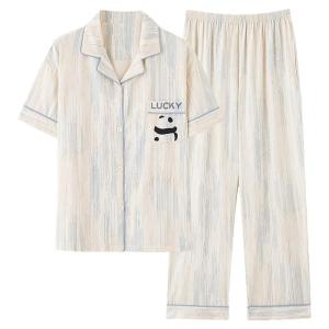 MiiOW | ชุดนอนผ้าฝ้ายแท้ 100% สำหรับคู่รัก แขนสั้น กางเกง ชุดนอนฤดูร้อน 2025 ใหม่ ชุดสองชิ้น ชายหญิง ใส่ไปข้างนอกได้ เสื้อผ้าใส่อยู่บ้าน