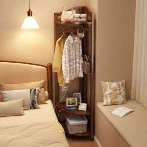Corner Floor Standing Clothes Rack with Basket Bedroom Garment Holder Room Decorative Item Bedside Clothing Storage Solution