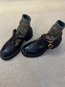 Retro Chunky Heel T Shape Buckle Hollow-out Loafers Female Autumn New Arrival round Head Mary Jane Shoes British Platform Leather Shoes