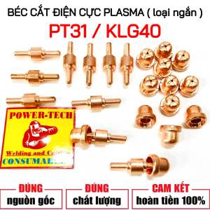 5 BỘ: [ Đồng Đỏ  Bền ] Bộ Béc Cắt Plasma LOẠI NGẮN dùng cho Mỏ Cắt PT31 hoặc KLG40  bao gồm 1 bép cắt và 1 điện cực  phụ kiện hàn cắt
