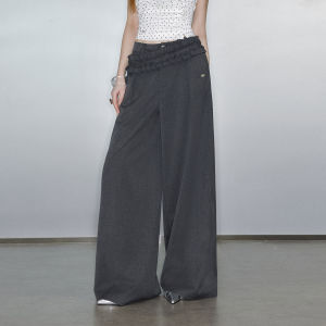 Unifree | Gray Ruffled Asymmetric Hem Wide Leg Suit Pants