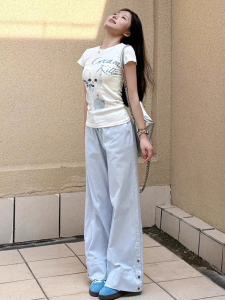 Quần Ống Rộng Kẻ Sọc Dọc Màu Xanh Lam Cho Nữ Mùa Thu Thiết Kế Độc Đáo Quần Dài Thể Thao Chống Nắng Nhanh Khô Quần Dài Thường Ngày