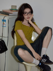 Retro Yellow Striped round Neck Short Sleeve T-Shirt Womens Casual Slim Fit Top Comfortable Breathable Summer Fashion