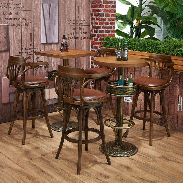 Retro Solid Wood Rotate Bar Stool Casual Coffee Shop Pub American Bar Stool Restaurant Quiet Bar 9936