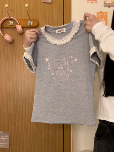 Short Sleeve Lace Trim T-Shirt Womens Style Korean Version Slim Fit No Belly Show Summer Cotton Polyester Cartoon Design