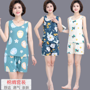 New Arrival Ladieswear Summer Faux Silk Sleeveless Tank Top Shorts Two-piece Set Middle-Aged Womens Summer Artificial Cotton Home Pajamas