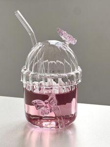 Butterfly Bubu Glass Straw Cup Womens New 2024 Office High Aesthetic Value Coffee Cup Soft Cute Healing Style Irregular Shape