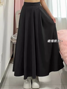 กระโปรงทรงเอเอวสูงสีน้ำตาล ทรงหลวม ยาวถึงข้อเท้า กระโปรงทรงเอเอวสูงสไตล์ฮาราจูกุสำหรับผู้หญิงไซส์ใหญ่