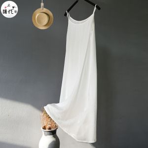Silk Cotton Strap Dress Summer Cotton Liner Sleep Dress Cheongsam Backless Inner Wear Loose Fit mid Length Pure Color