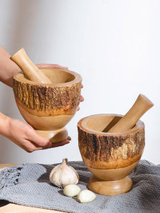 Manual Wooden Stone Mortar Garlic Crusher Home Use Grinding Tool Household Kitchen Cooking Utensils Real Wood Material