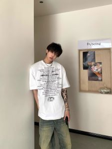 เสื้อยืดคอกลมแขนสั้นผ้าฝ้ายแท้สไตล์ย้อนยุคสไตล์อเมริกันสำหรับผู้ชาย สีขาว ทรงหลวม แฟชั่นฤดูร้อน แบรนด์จีนแผ่นดินใหญ่