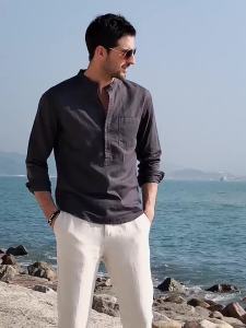 Cotton Line Hot Sale Mens Long-Sleeved Shirts Summer Solid Color Stand-Up Collar Casual Beach Style Plus Size