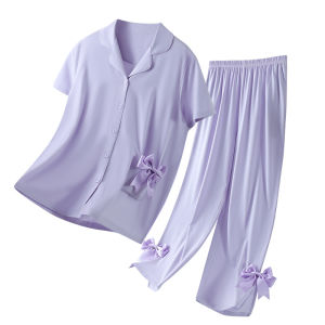 miiow | Cat Woman Summer Sleepwear Set Short Sleeve Long Pants Home Clothes Air Conditioned Cooling Feeling Lightweight Female Model