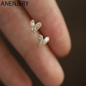 ANENJERY Silver Color Micro Zircon Love Heart Pearl MIni Stud Earrings For Women Light Luxury Temperament Girl Jewelry