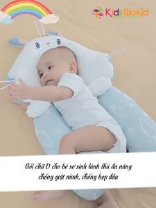 Gối chữ U cho bé sơ sinh hình thú đa năng KidsWorld chống giật mình chống bẹp đầu có dây rút điều chỉnh 3 đầu giúp bé ngủ ngon